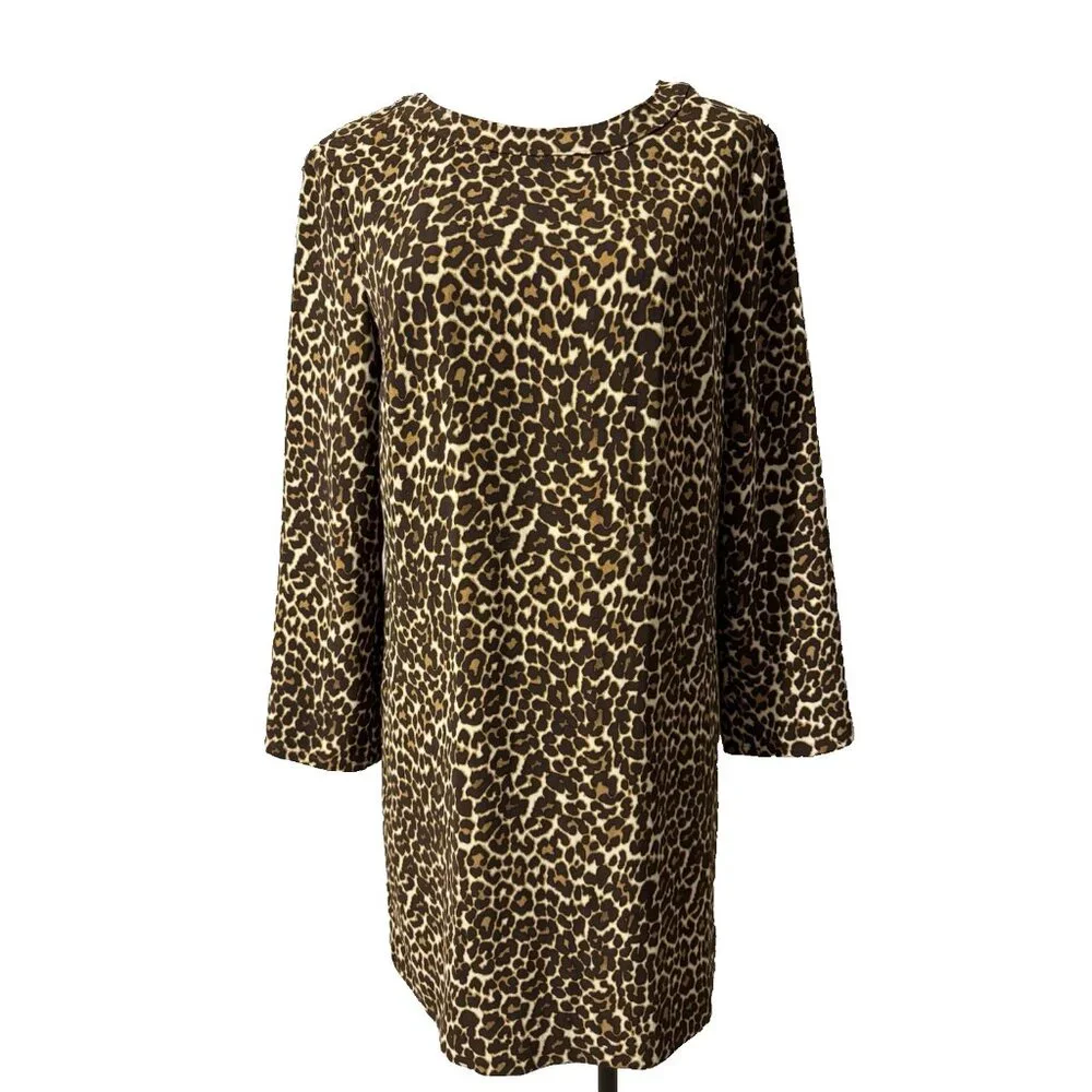 J Crew Dress 8 Animal Print Brown Black 3/4 Long Sleeve Stretch Washable